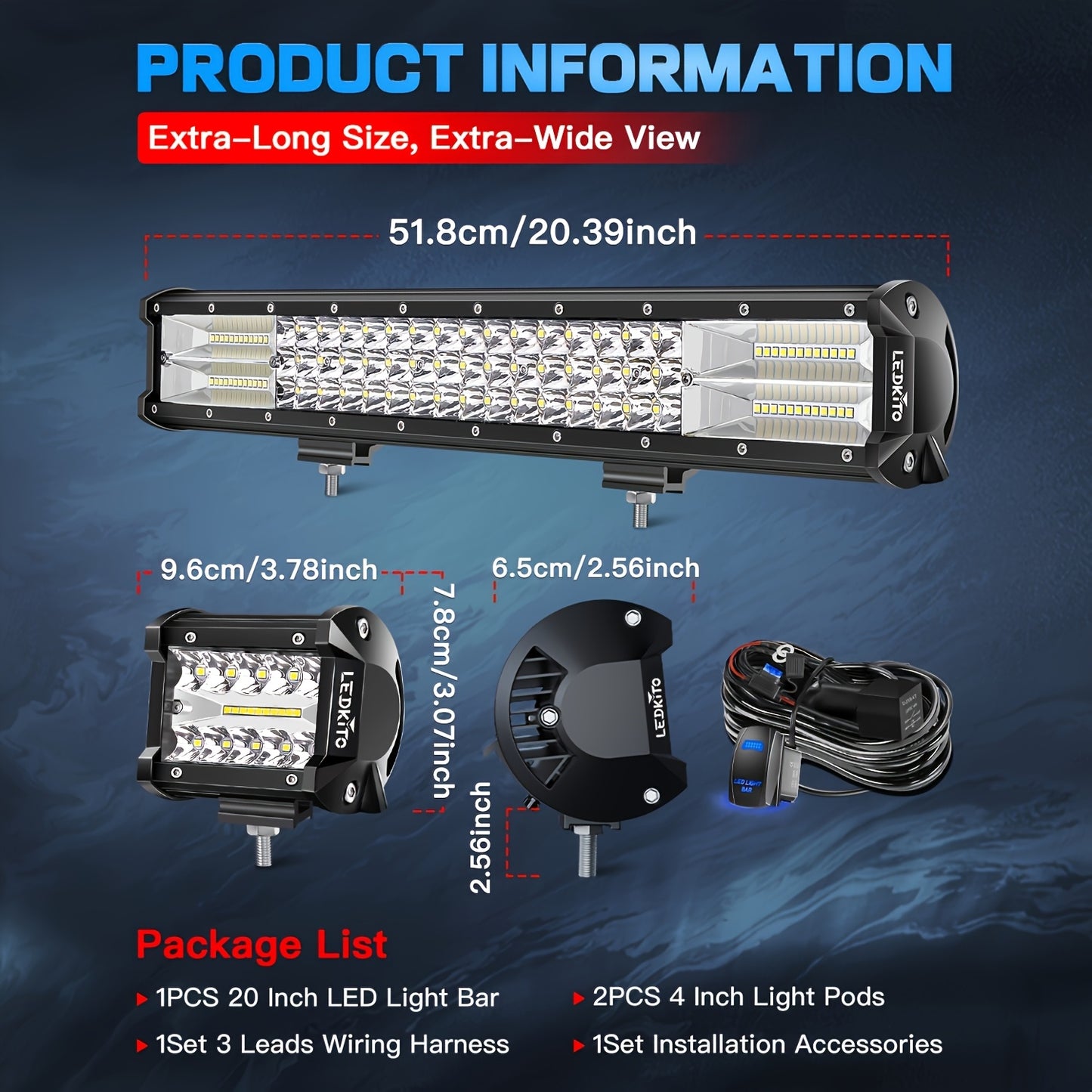 [20" LED Light Bar Kit] 20inch LED Light Bar+ 4inch Led Work Light Kit | With Switch On/ Off Wiring Harness Kit Relay Fuse, For Trucks SUV ATV UTV Boat Crane Excavator Forklift Courtyard Road, DC12-24V, White, Without Battery