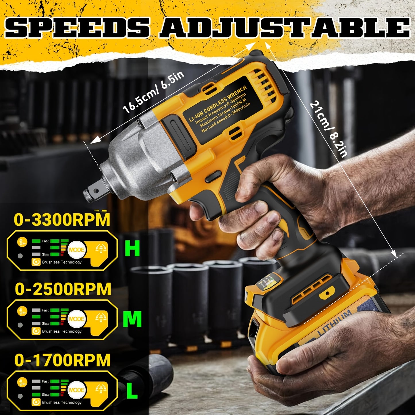 Automobile Maintenance Tools1/2" 20V Brushless Impact Wrench 1000N.m - 3-Speed 3300RPM Industrial Beast- Auto-Stop Reverse, Smart LED Dashboard & Heat Vents - For Semi-Truck Tires, Heavy Machinery, Steel Construction (Mechani