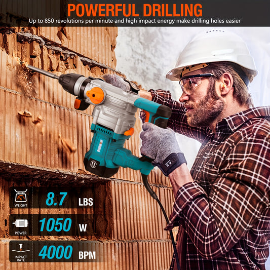 Berserker 25M 1-1/8" SDS Plus 26mm Rotary Hammer Drill, 1050W, 120V 60Hz, with Safety Clutch, 850 RPM & 4000 BPM, 3 Functions Corded Rotomartillo for Concrete - Includes Drill Chuck, 3 Drill Bits, Flat Chisel, Point Chisel, C
