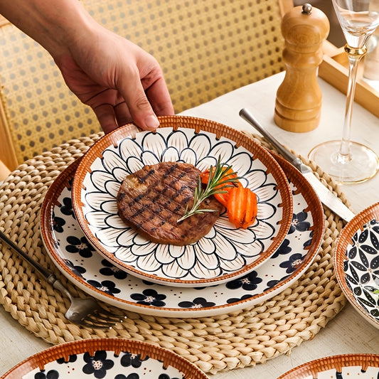 Retro Rattan Woven 12 Piece Japanese Style Ceramic Tableware Set for Steaks Pasta Salads Fruits Chicken Wings Rice Suitable for 2 to 4 People