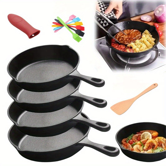 Cast Iron Skillet 7 Piece Set Heavy Duty Professional Chef Quality Preseasoned Pan Set 26cm 20cm 16cm 14cm Suitable for Frying Cooking Pizza Oil Brush Silicone Handle Beech Spatula