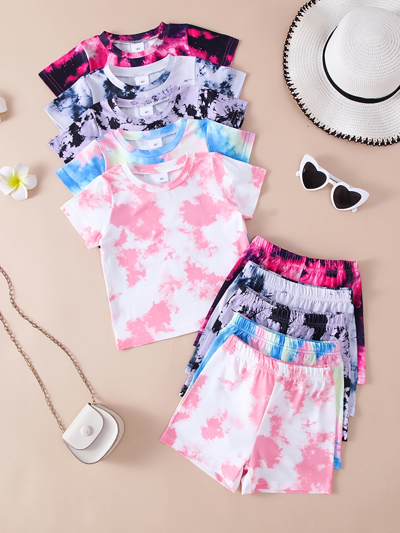 10pcs Women'S Casual Tie-Dye Print Knit Shorts and T-Shirt Set - Soft & Comfortable Polyester Blend, Short Sleeve Tops with Round Neck, Shorts with Elastic Waistband, Perfect for Outdoor Activities, Outdoor Clothing | Vibrant