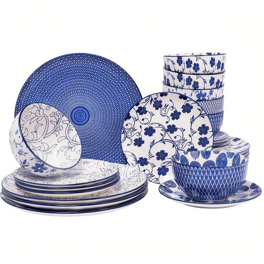12 or 24 Pieces Ceramic Dinnerware Set Blue and White Porcelain Plates and Bowls Dishwasher Microwave and Oven Safe Scratch Resistant Healthy Tableware for Restaurant and Home Kitchen Elegant Gift for Valentines and Weddings