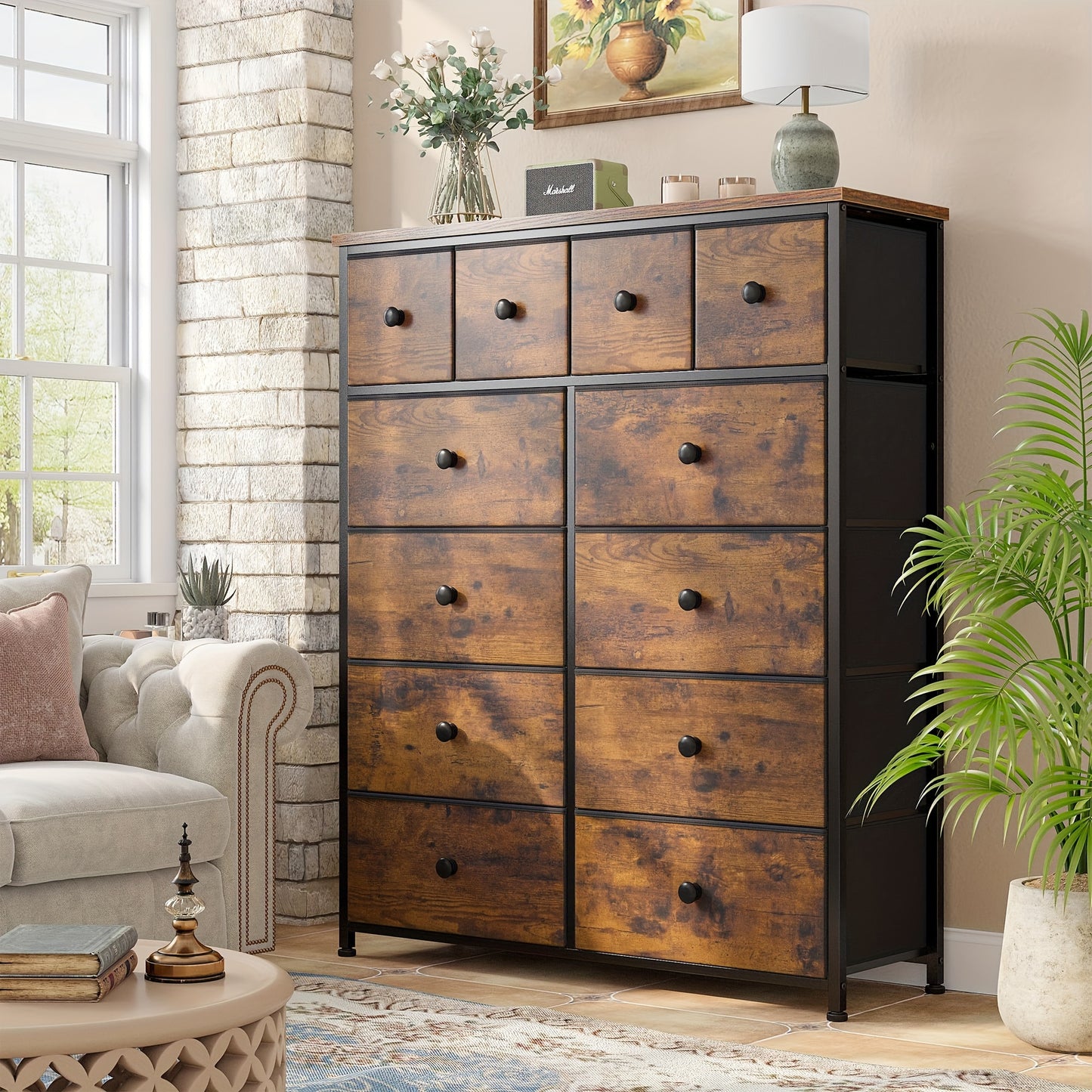 12-Drawer Rustic Brown Fabric Dresser with Wood Top and Metal Frame for Bedroom and Living Room