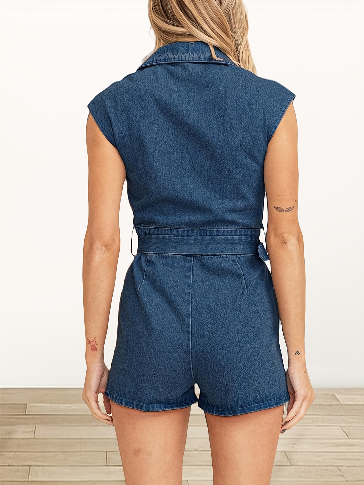 Womens Fashion Summer Denim Rompers Cap Sleeve Zip Up Belted Short Jeans Jumpsuits