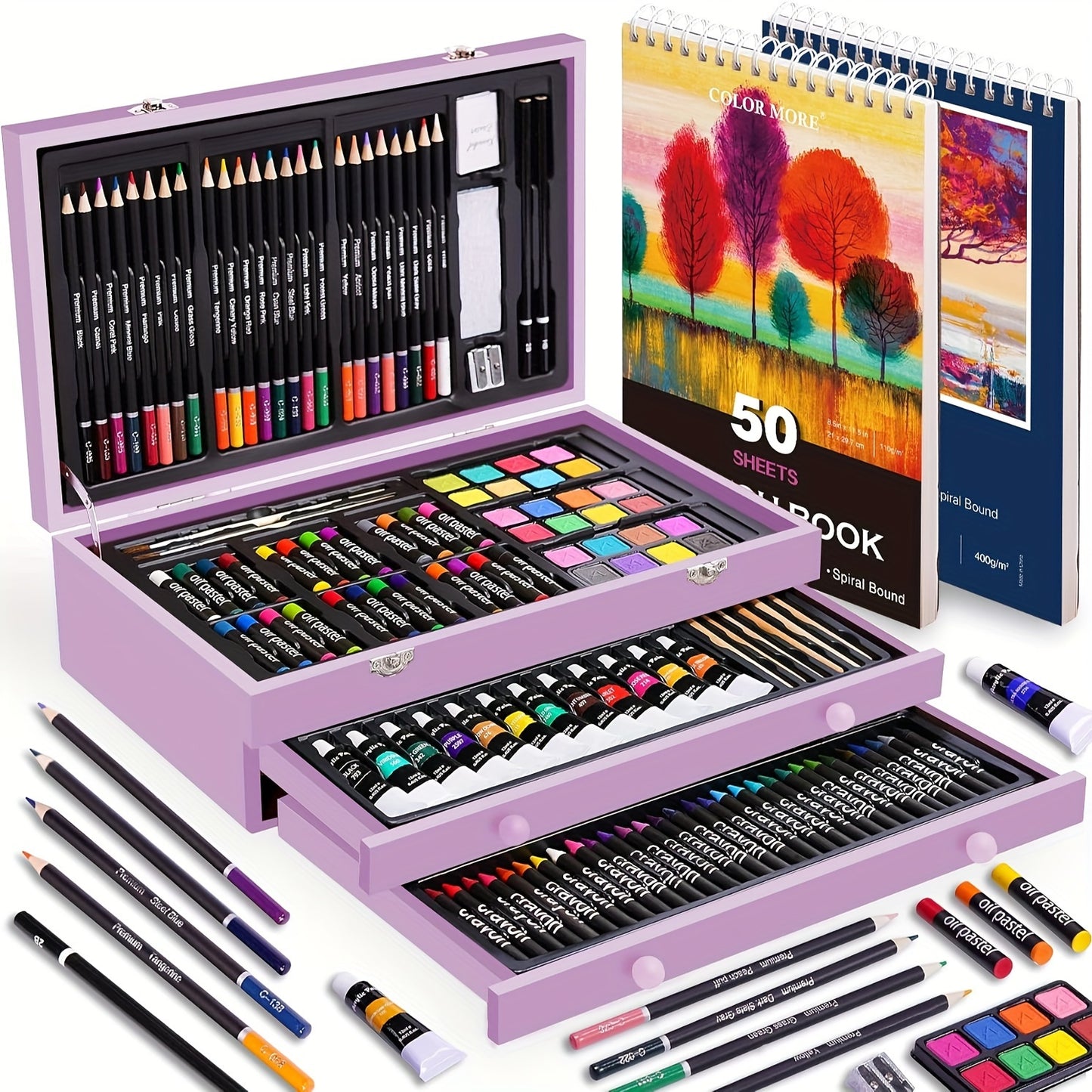 175pcs Deluxe Art Set With 2 Drawing Pads, Crayons, Acrylic Paints, Colored Pencils Set In Wooden Case, Professional Art Kit For Adults, Artist And Teen, Paint Supplies, Gift, Father'S Day Gift