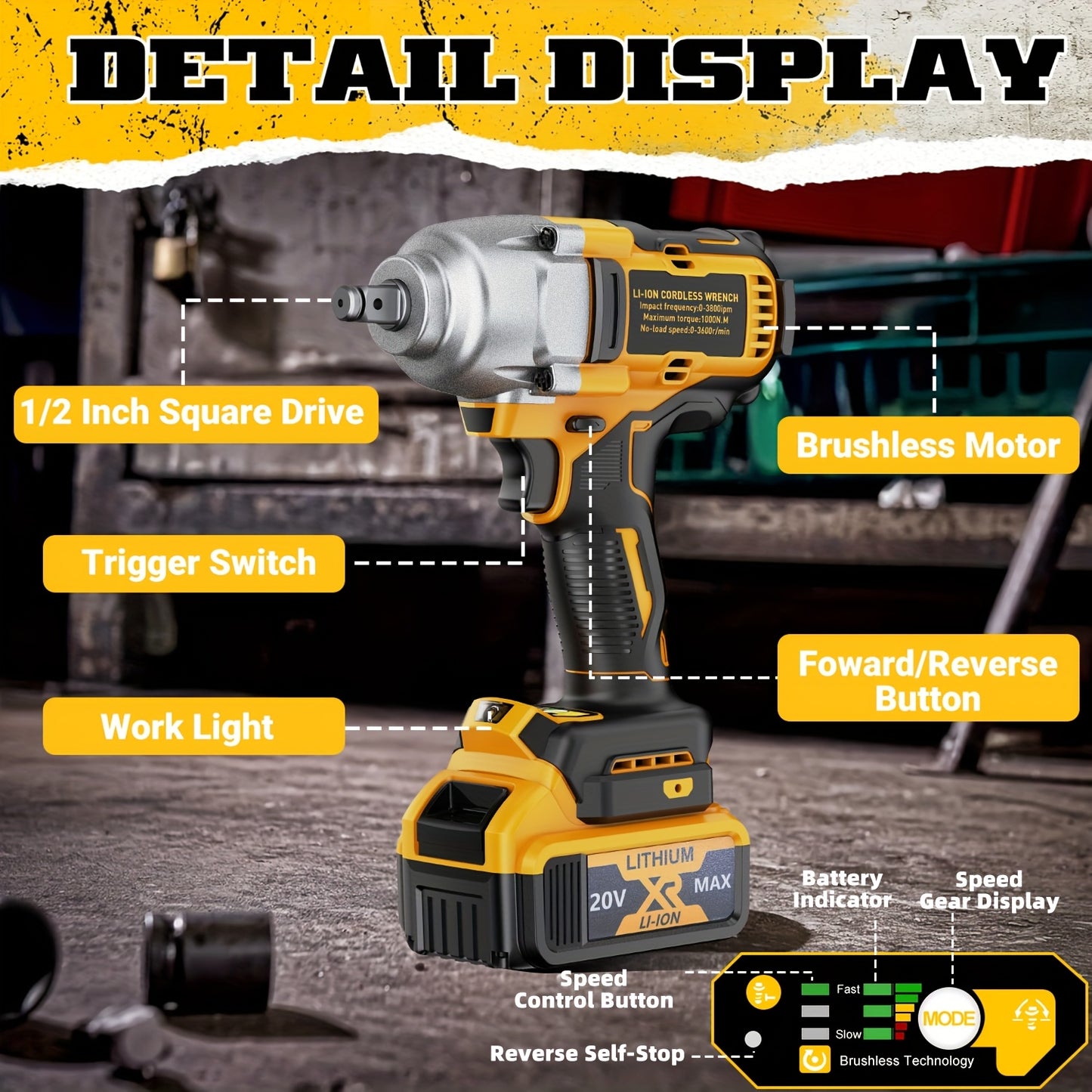 Automobile Maintenance Tools1/2" 20V Brushless Impact Wrench 1000N.m - 3-Speed 3300RPM Industrial Beast- Auto-Stop Reverse, Smart LED Dashboard & Heat Vents - For Semi-Truck Tires, Heavy Machinery, Steel Construction (Mechani