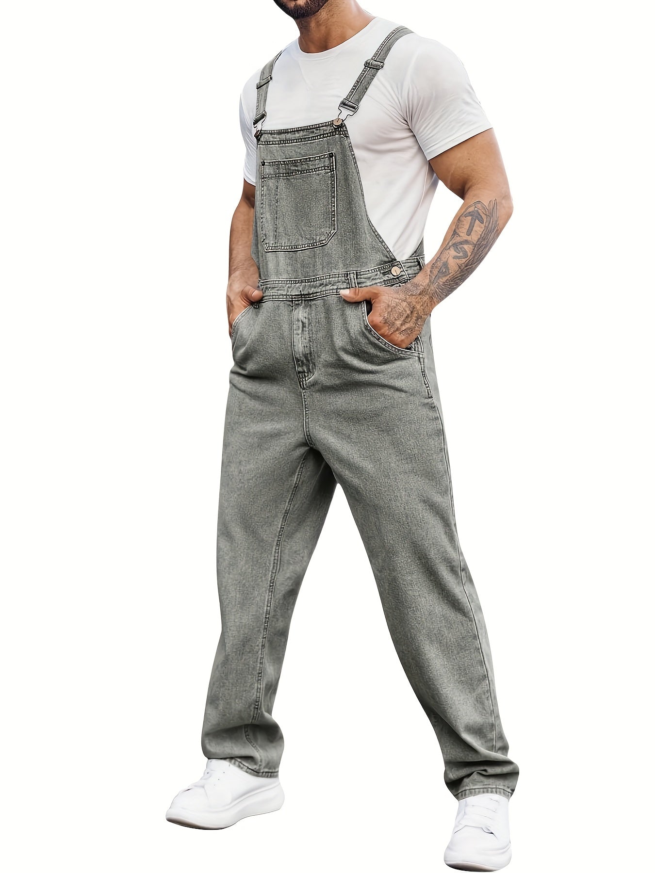 Men's Denim Bib Overalls Jeans Fashion Boot Cut Casual Slim Fit Adjustable Straps Jumpsuit