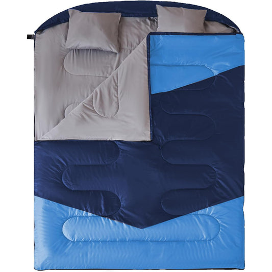 Adult Double Sleeping Bag for 2 People - XL Size, 3 Seasons, Cold & Warm Weather, Includes 2 Pillows, Ideal for Camping, Backpacking or Hiking