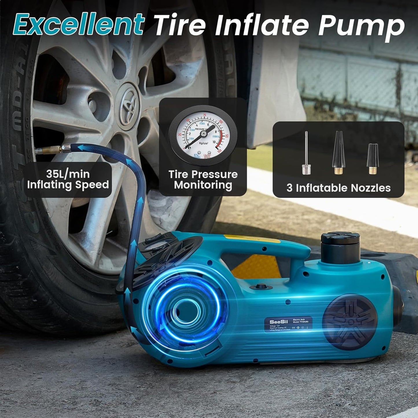 [Seesii Electric Car Jack Kit] 5 Ton Seesii Electric Car Jack Kit - 12V Hydraulic Jack with Electric Impact Wrench and Tire Inflator Pump - Portable Car Jack Kit for SUV MPV Truck Change Tires Garage Repair