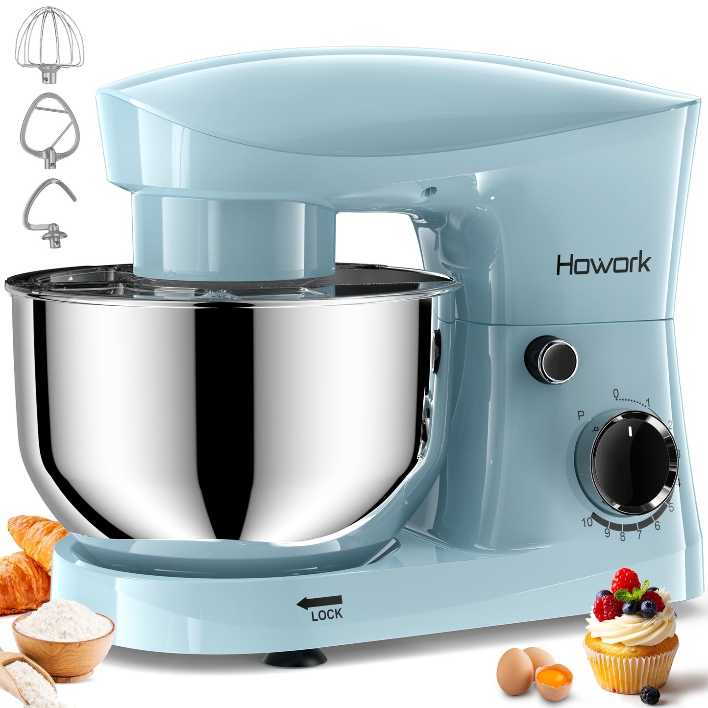 HOWORK Stand Mixer 10-Speed 5QT Electric Kitchen Mixer with Dishwasher-Safe Dough Hooks, Commercial Mixers, Flat Beaters, Wire Whip & Pouring Shield Attachments for Most Home Cooks