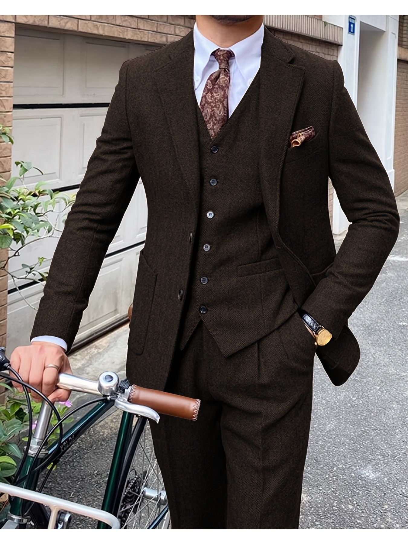 Men's 3 Piece Tweed Suit Wool Blend Herringbone Formal Wedding Party Event Vintage Western Casual Business Workwear Suit