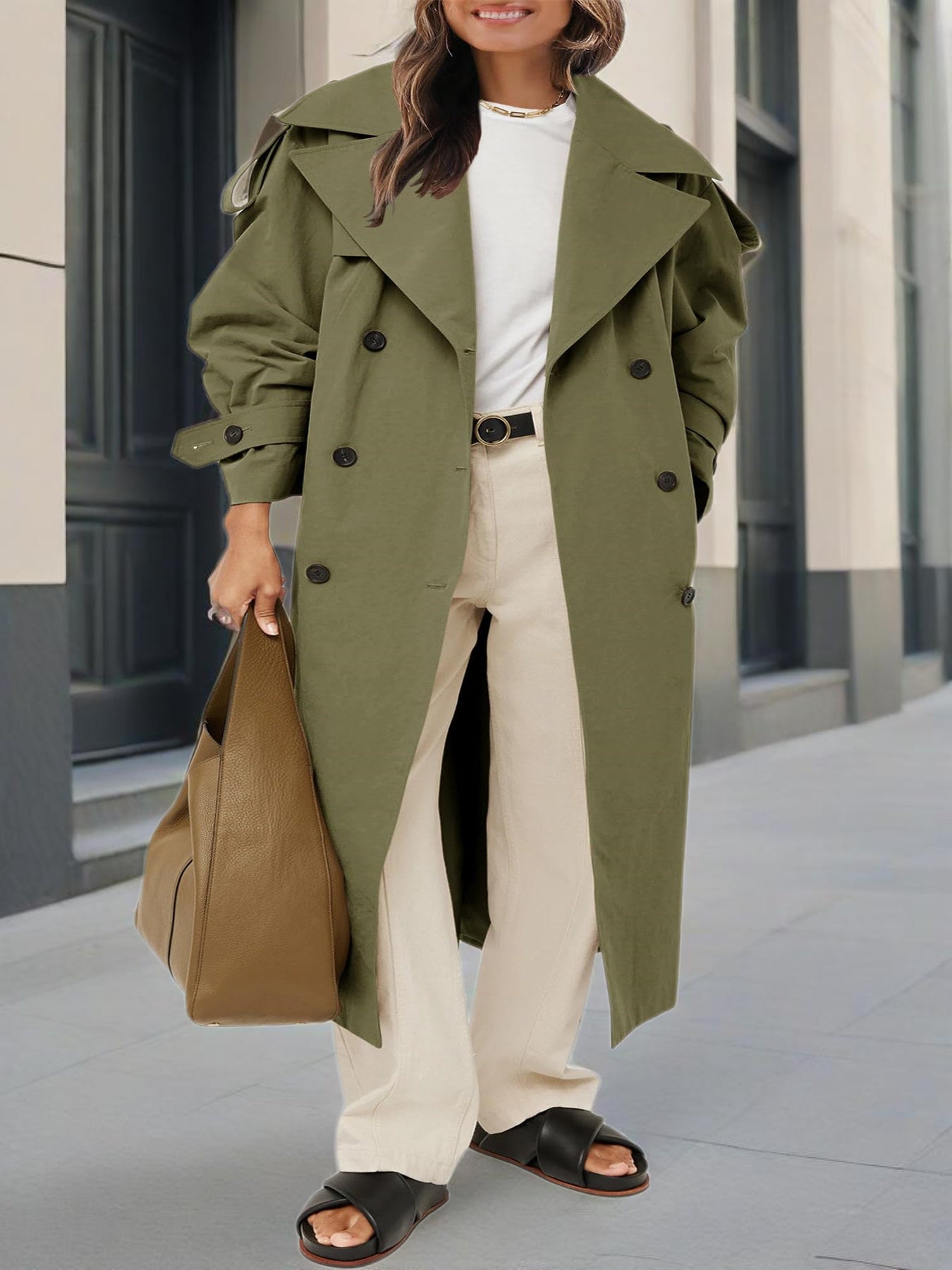 Plus Size - Spring Autumn Womens Oversized Long Trench Coat Double Breasted Lapel Windproof Overcoat with Belt