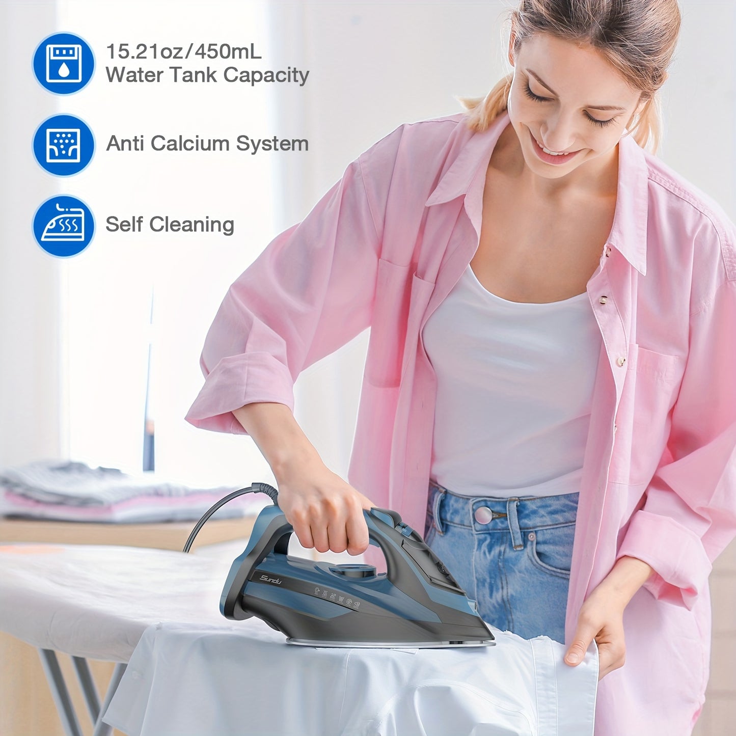 [Steam Iron] Powerful Steam Iron, Stainless Steel Soleplate Iron With Retractable Cord | Auto-off, Anti-Drip, Ironing, Clothes Iron