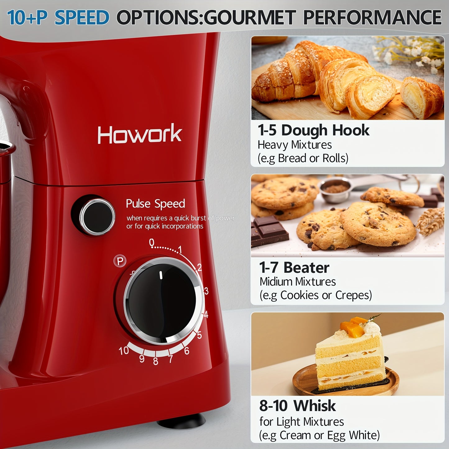 HOWORK Stand Mixer 10-Speed 5QT Electric Kitchen Mixer with Dishwasher-Safe Dough Hooks, Commercial Mixers, Flat Beaters, Wire Whip & Pouring Shield Attachments for Most Home Cooks