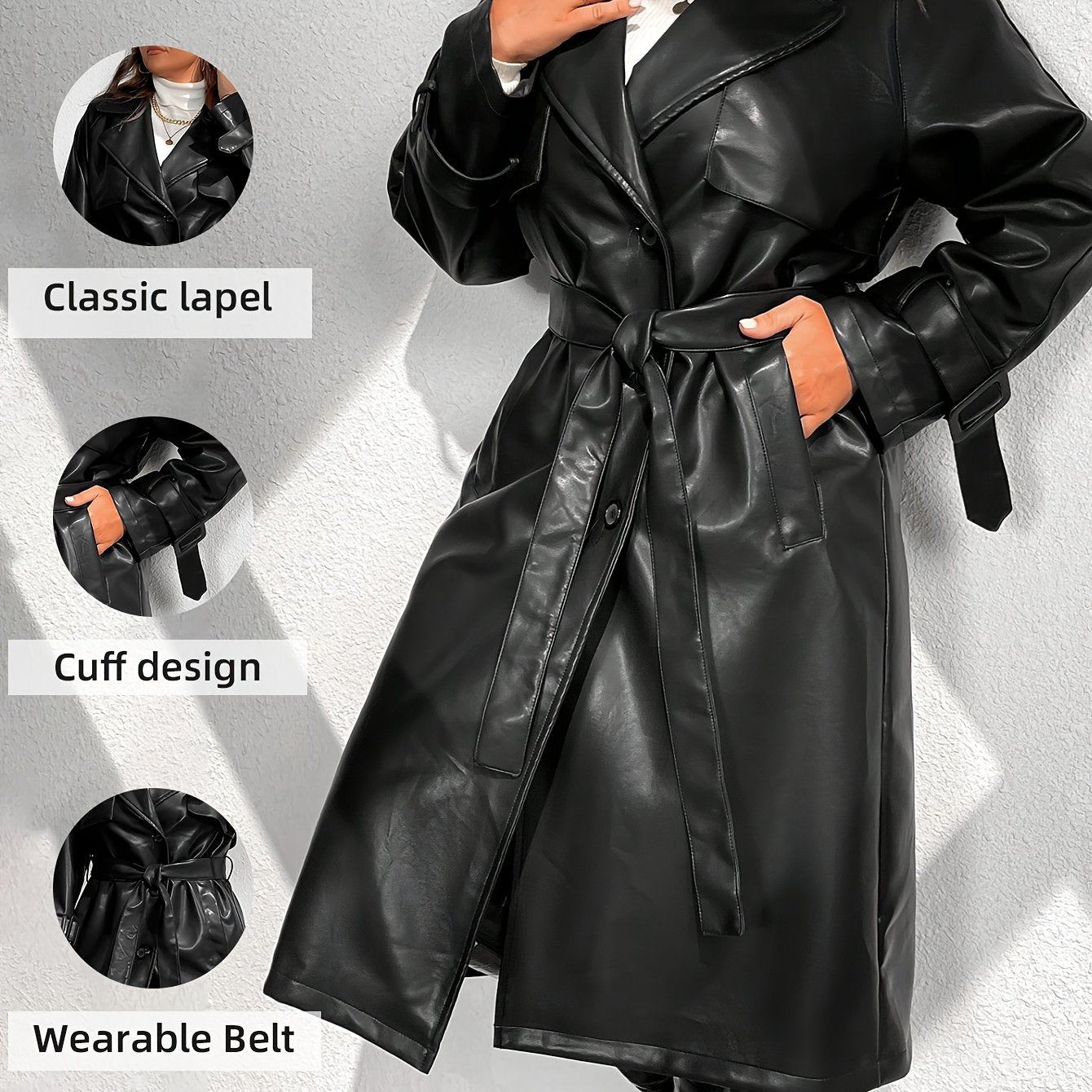 Women'S Trench Coat Plus Size Faux Leather Long Classic Motorcycle Jacket Lapel Belted Overcoat