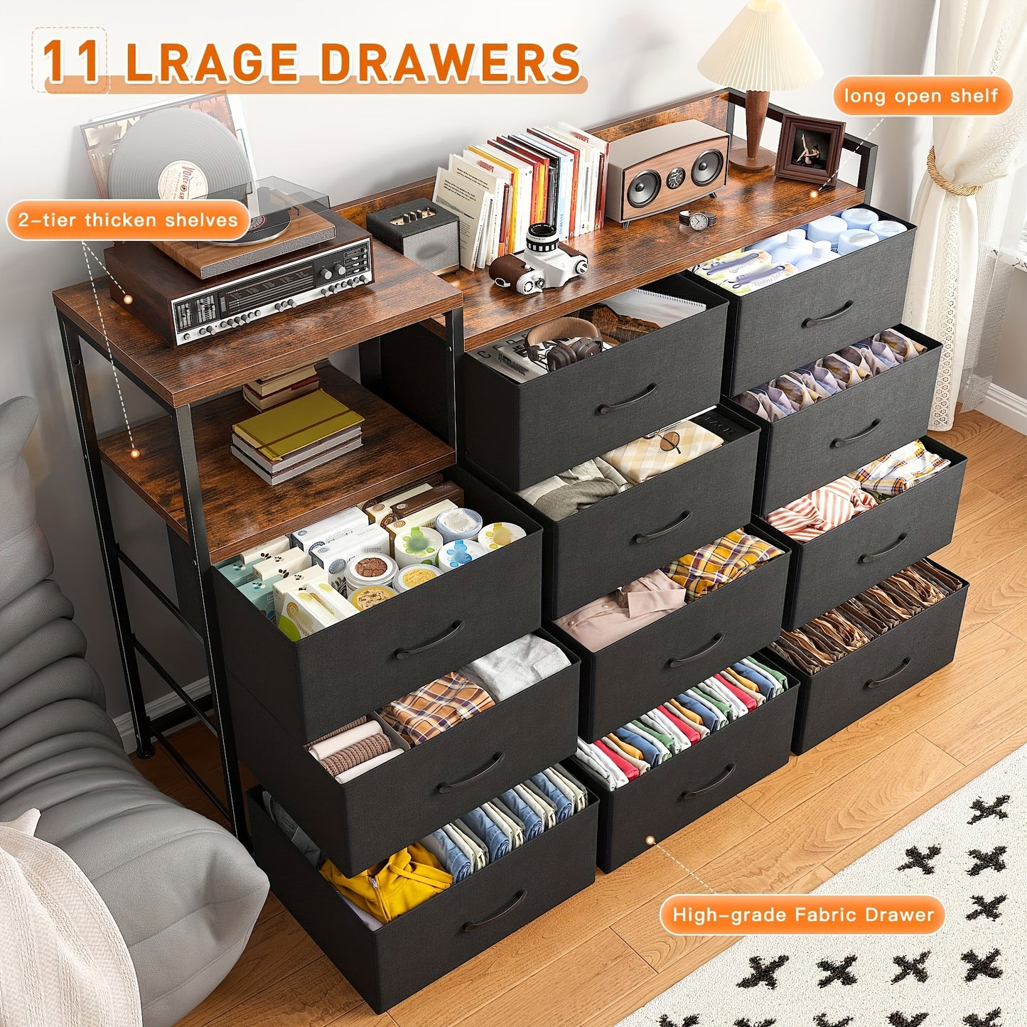 Modern Black Dresser - 11 Drawers, Metal Frame & Wood Top | Stylish Bedroom Storage with Shelves for Makeup Vanity or TV Stand