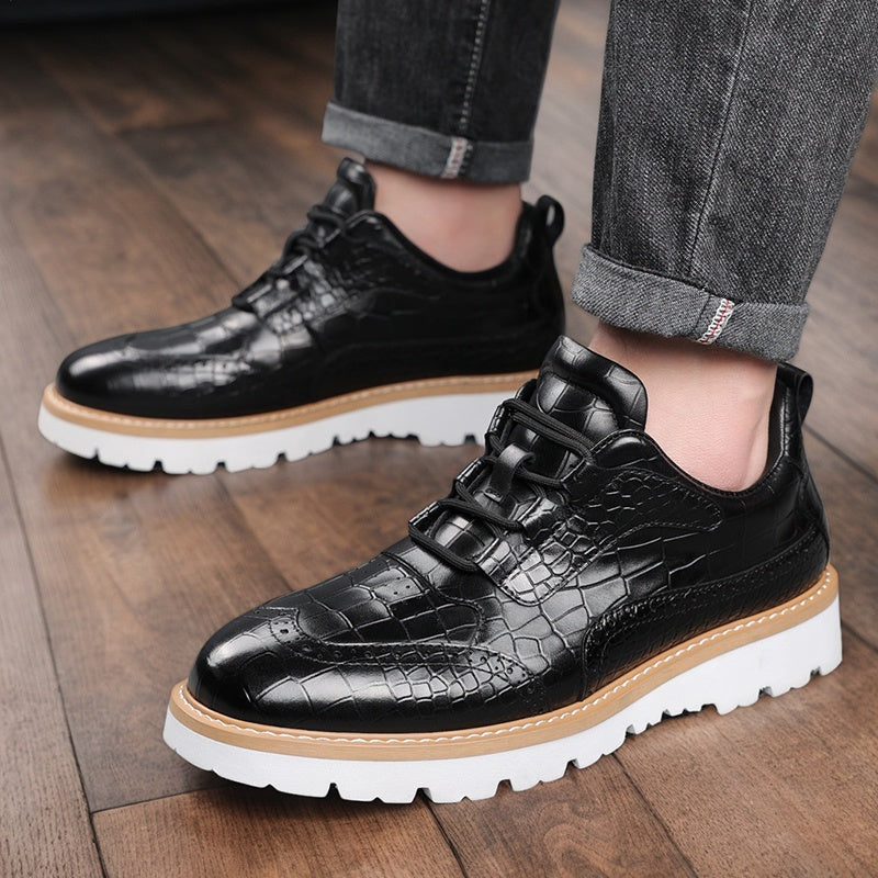 [Crocodile Pattern Leather Shoes] Plus Size Men's Crocodile Patterned Leather Shoes | Round Toe, Comfortable Non-Slip Rubber Sole, Low-Cut, Animal Print, Retro Street Style | Suitable for Weddings, Banquets, Parties, Spring,