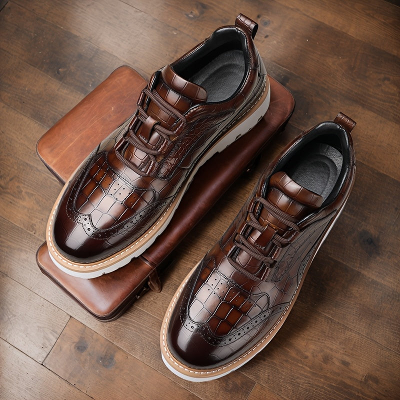 [Crocodile Pattern Leather Shoes] Plus Size Men's Crocodile Patterned Leather Shoes | Round Toe, Comfortable Non-Slip Rubber Sole, Low-Cut, Animal Print, Retro Street Style | Suitable for Weddings, Banquets, Parties, Spring,