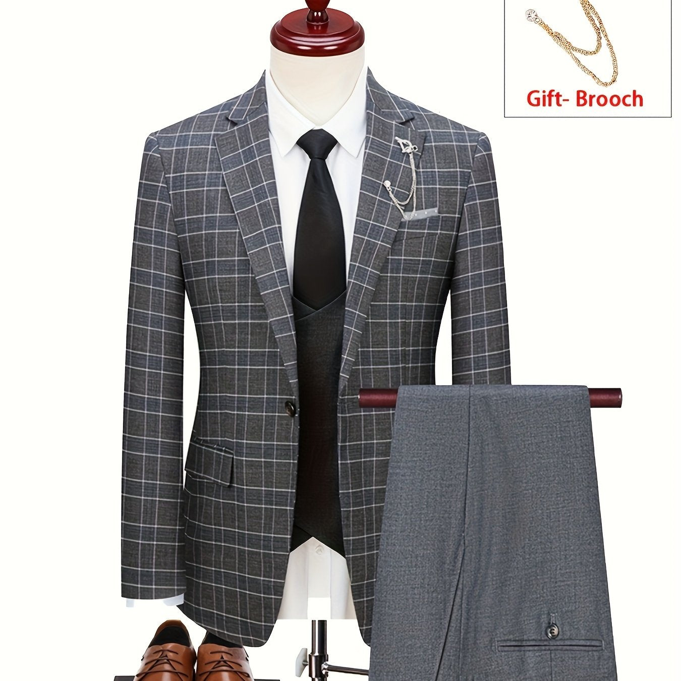 Teens Plaid Suit Set - 3pcs, Casual Style, Notched Lapel, Regular Fit, Polyester Includes Jacket, Vest, And Pants - For Business Casual & Formal Occasions - Perfect Gift For Weddings & Special Events