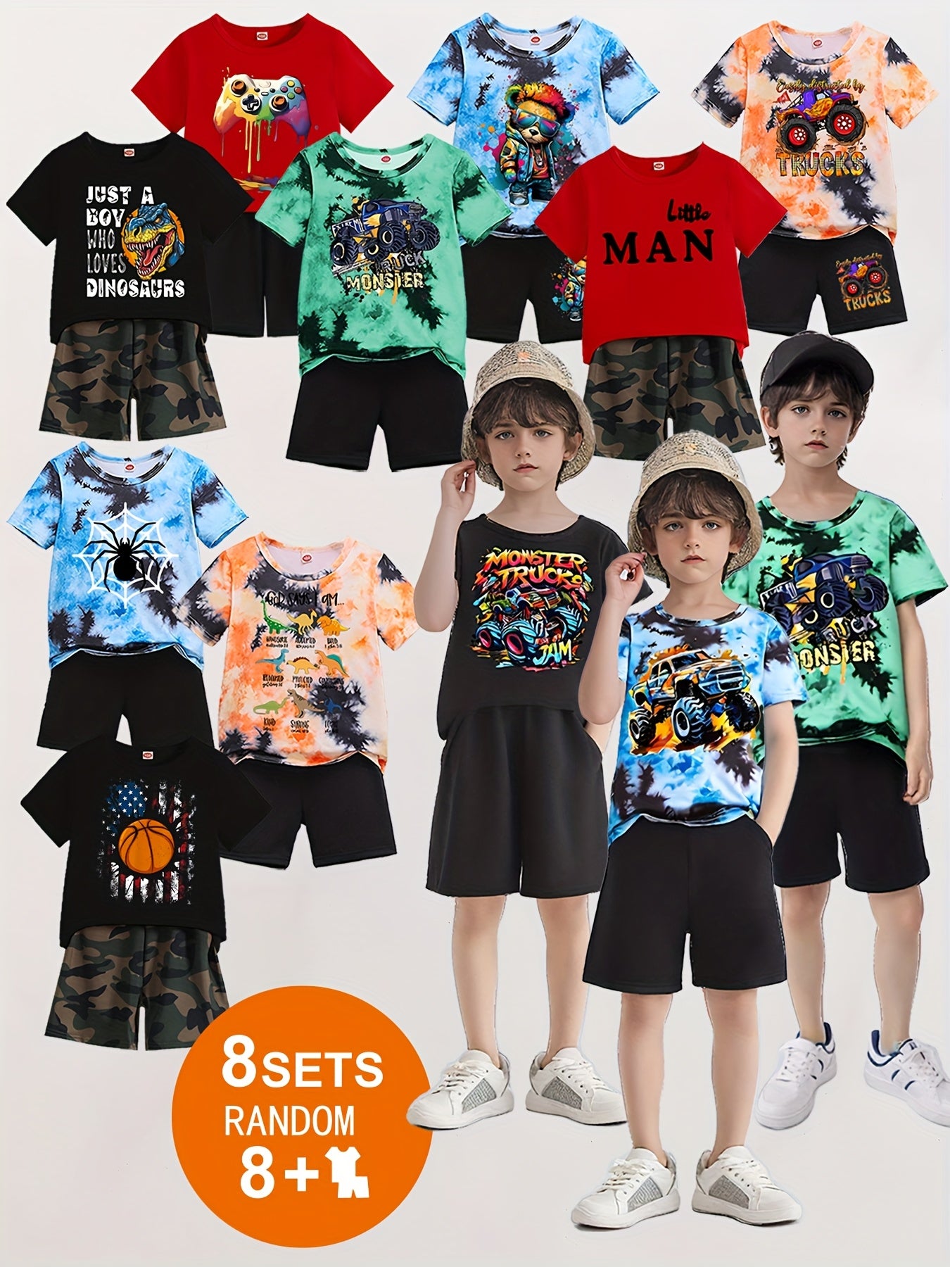 Randomly Sent 16pcs Of Clothing For Boys Summer Suits, Fashionable Printing + Copywriting Printing Short-sleeved T-shirt + Matching Shorts, Casual Suits, for Outdoor