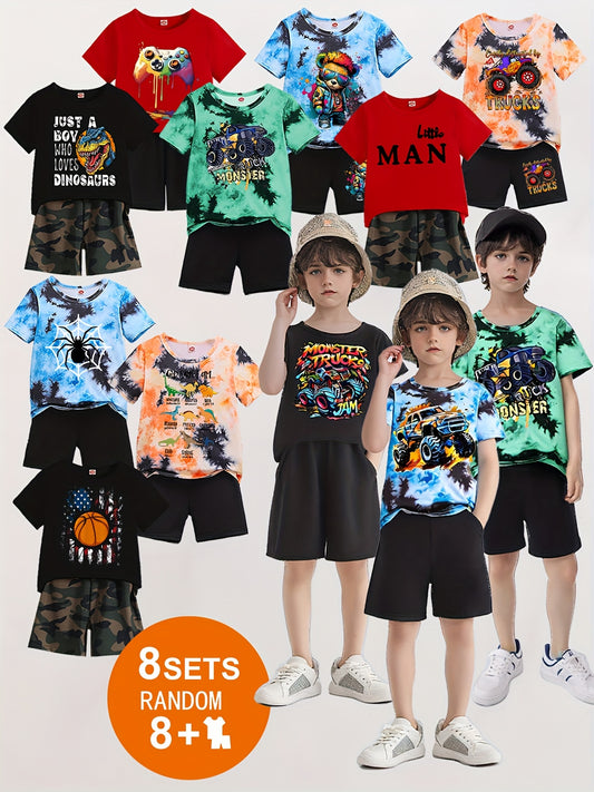 Randomly Sent 16pcs Of Clothing For Boys Summer Suits, Fashionable Printing + Copywriting Printing Short-sleeved T-shirt + Matching Shorts, Casual Suits, for Outdoor