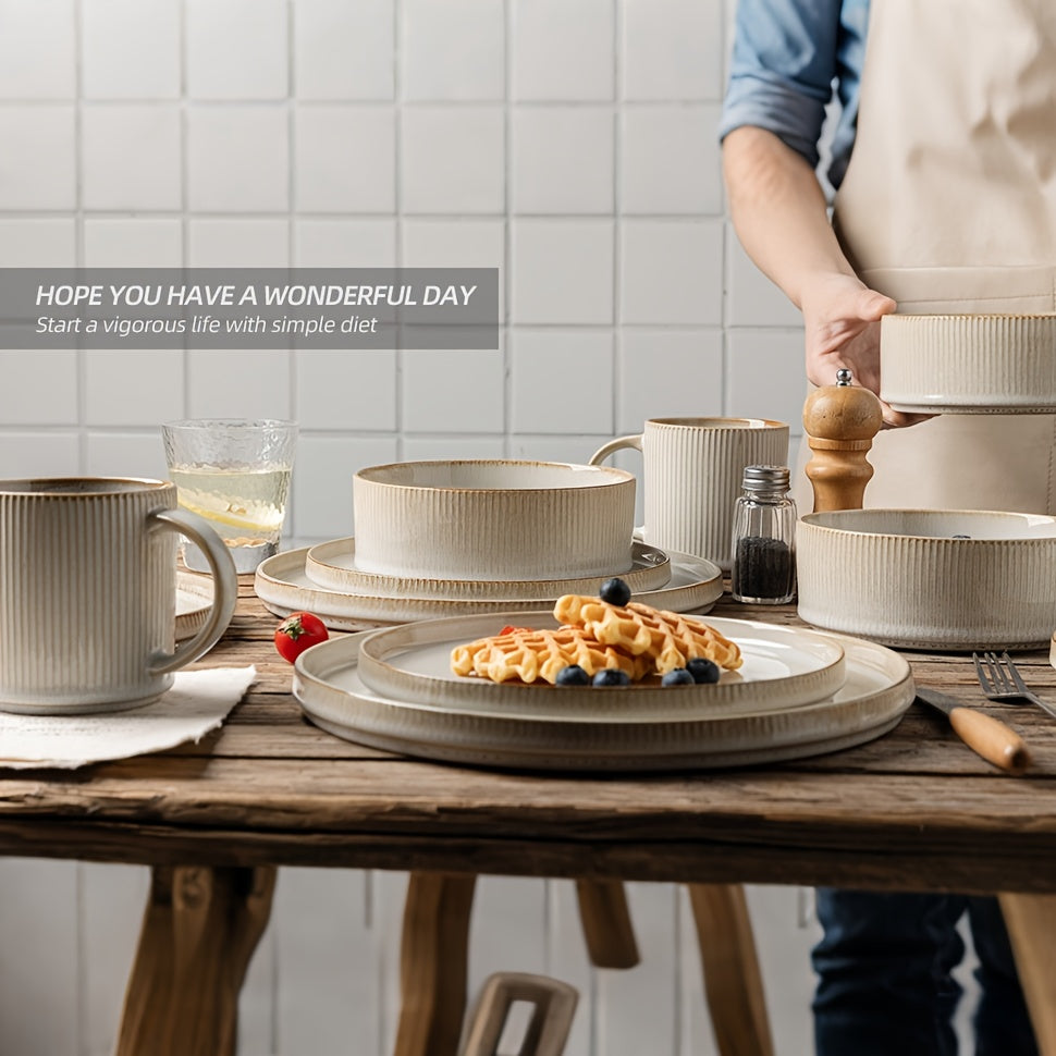 16 Pieces Beige Striped Ceramic Dinnerware Set European Classical Style Tableware Relief Bowl Soup Bowl Plate Stoneware Modern High-End Elegant Exquisite Suitable for Parties Weddings Family Dinners