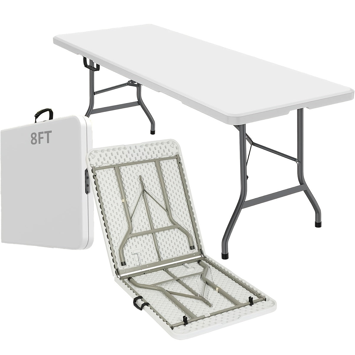 4 FT/ 6 FT Plastic Folding Dining Table, White High Duty Rectangular Dining Table with Carrying Handle, Portable In/Outdoor Camping Picnic Garden Party Dining & Office Meeting Desk, Multipurpose