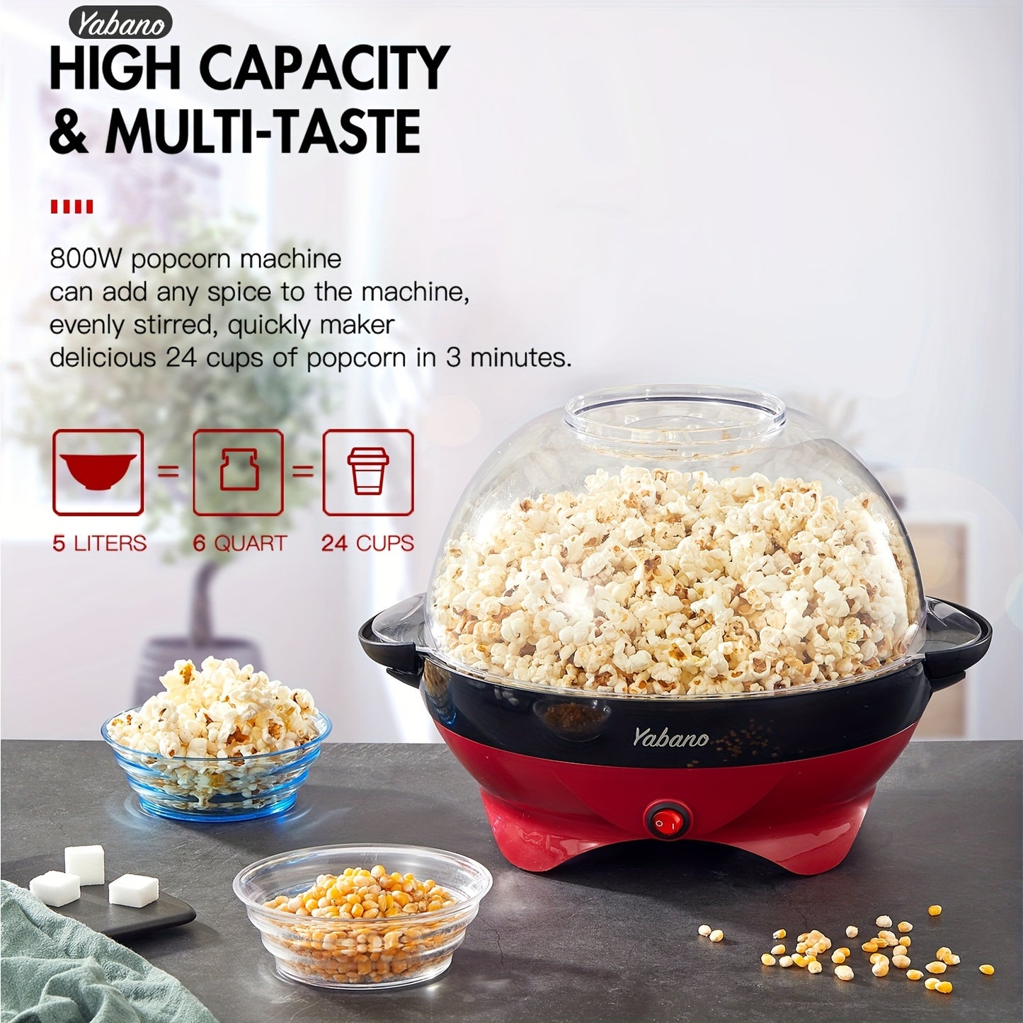 [Yabano Quick-Heat Popcorn Maker] Yabano 6-Quart Popcorn Maker - Quick-Heat, Nonstick, Electric Stirring - Red & Black, Dishwasher Safe