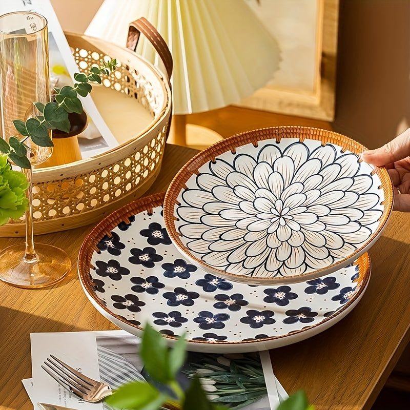 Retro Rattan Woven 12 Piece Japanese Style Ceramic Tableware Set for Steaks Pasta Salads Fruits Chicken Wings Rice Suitable for 2 to 4 People