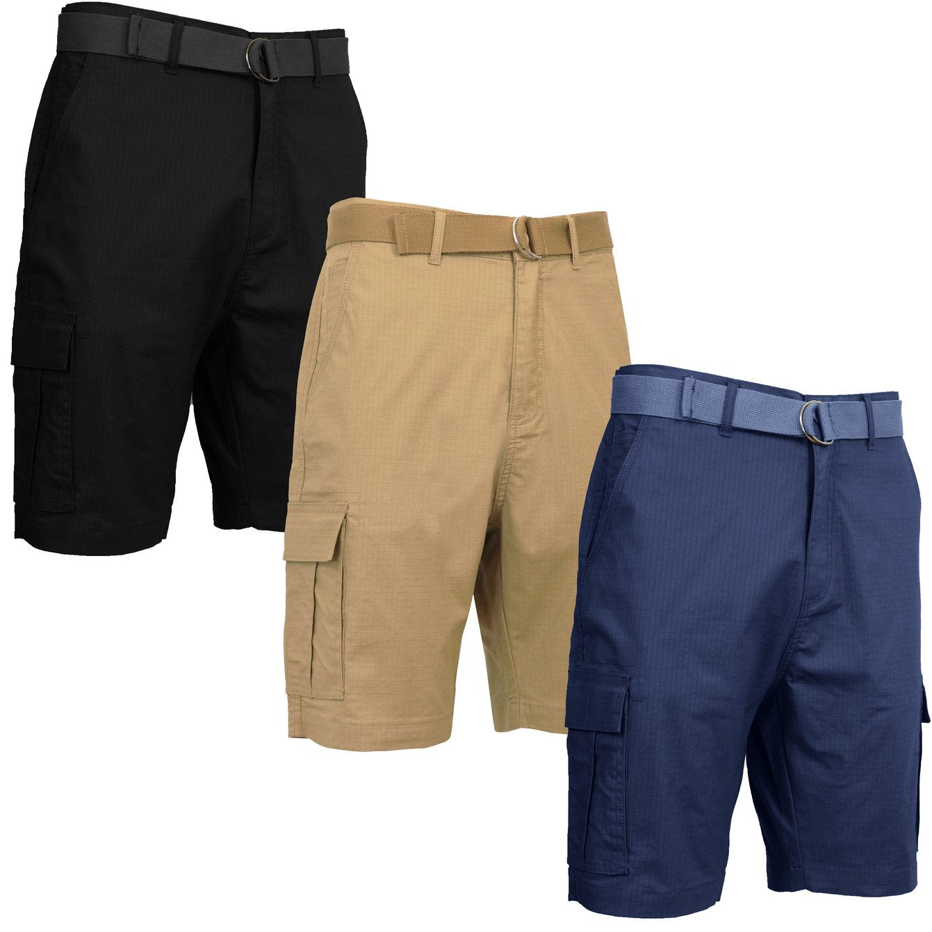 3 Pack Men's Cotton Stretch Ripstop Cargo Shorts With Belt