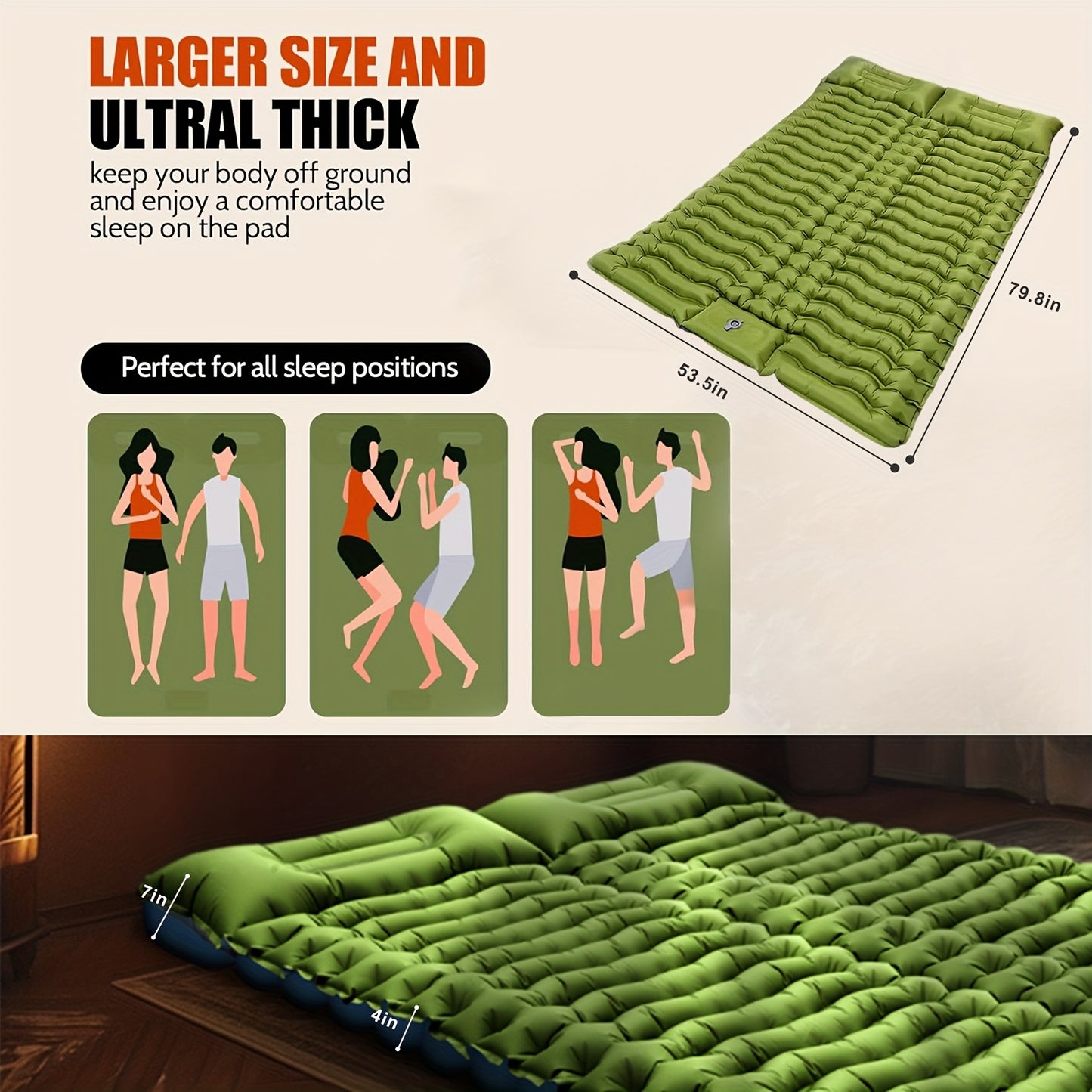 Double Sleeping Pad - Self Inflating 4 Inch Extra Thick Mat