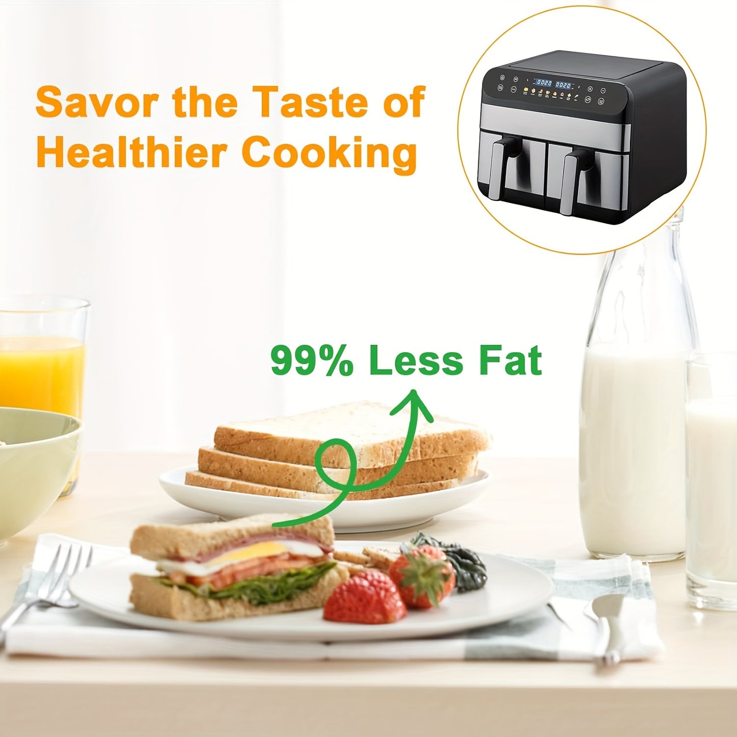 9L Family-Size Double Air Fryer Oven with 2 x 4.5L Independent Baskets - Dual Zone, Healthy Oil-Free Cooking, 10 Presets, Digital LED Display, 1800W Power - Includes Cookbook and Easy Recipe Guidance