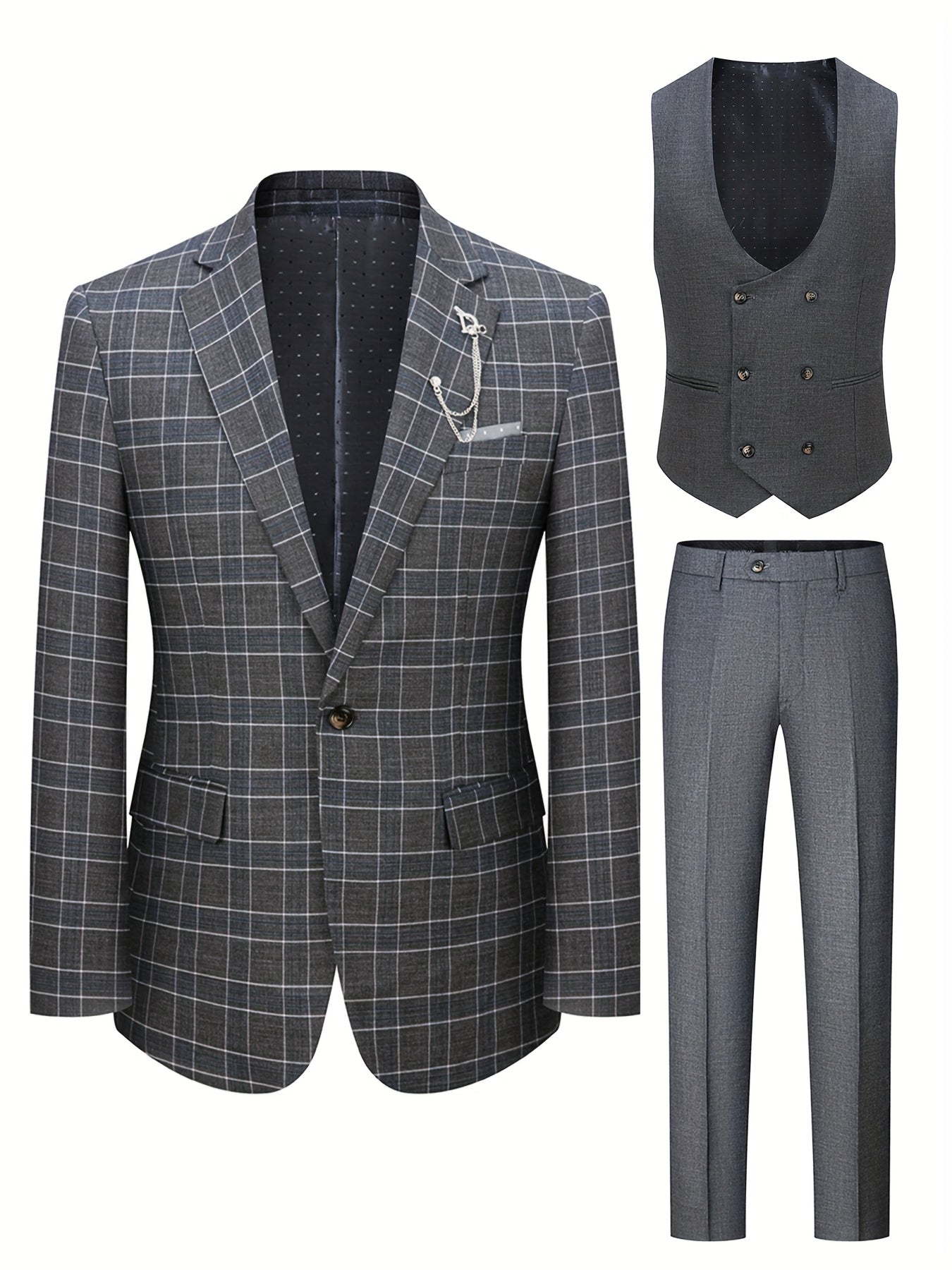 Teens Plaid Suit Set - 3pcs, Casual Style, Notched Lapel, Regular Fit, Polyester Includes Jacket, Vest, And Pants - For Business Casual & Formal Occasions - Perfect Gift For Weddings & Special Events