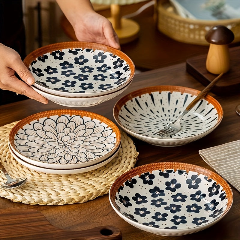Retro Rattan Woven 12 Piece Japanese Style Ceramic Tableware Set for Steaks Pasta Salads Fruits Chicken Wings Rice Suitable for 2 to 4 People