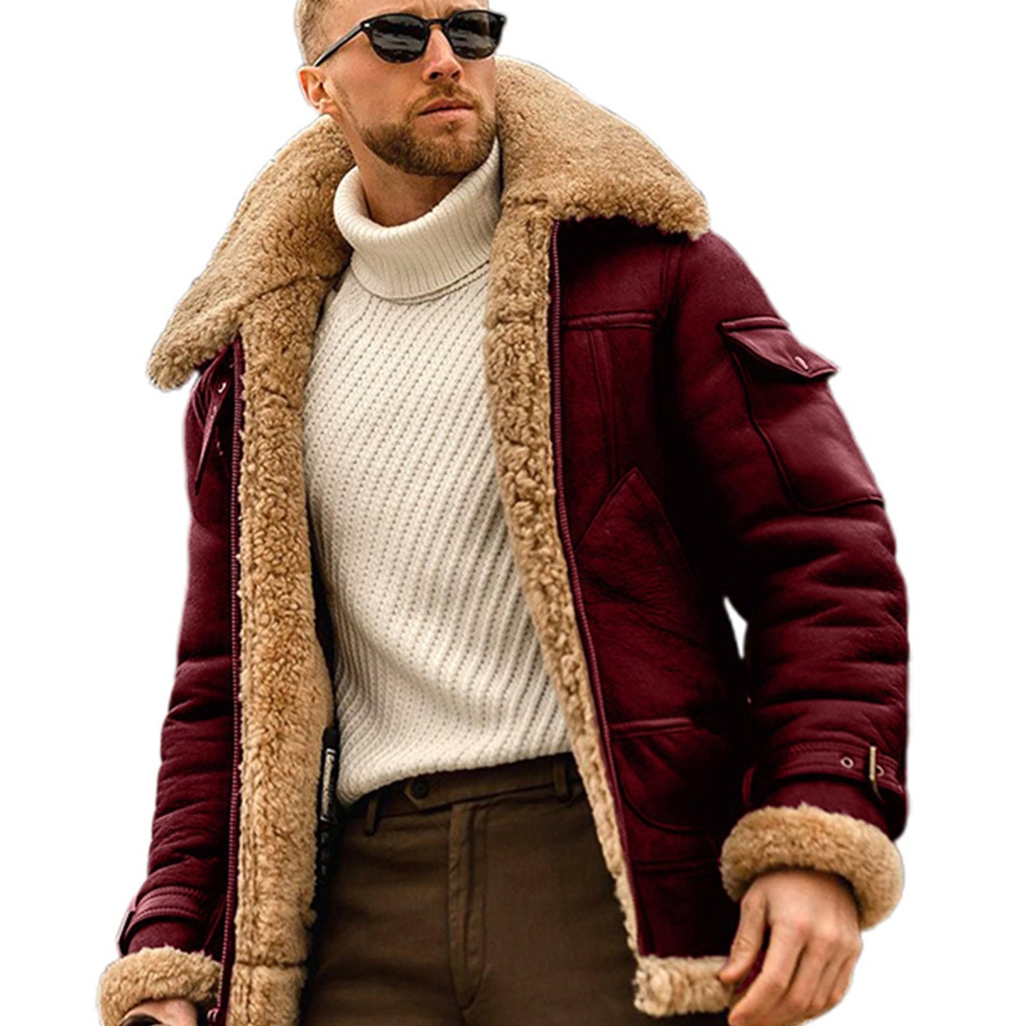 Men's Casual High Neck Fleece-Lined Jacket, Polyester 95%, Solid Color, Non-Stretch Fabric, Skinny Fit, with Zipper Closure and Contrast Pockets for Winter