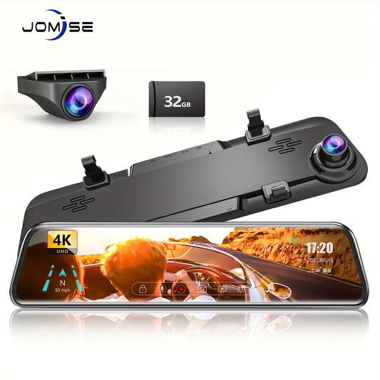 [12" 4K UHD Dash Cam] 4K UHD 12" IPS Touch Screen Mirror Dash Cam | 2160P Front + 1080P Rear Camera, Night Vision, Parking Assistance Lines, 32GB Card Included, Adhesive Mount, USB-C, 12-24V Fit, Vehicle Security Camera