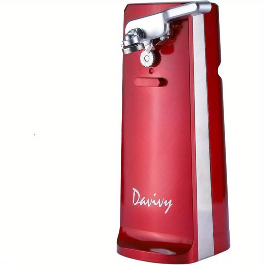 Electric Can Opener with One Touch Lid Opening Removable Stainless Steel Cutter and Three in One Design with Knife Sharpener and Bottle Opener Red