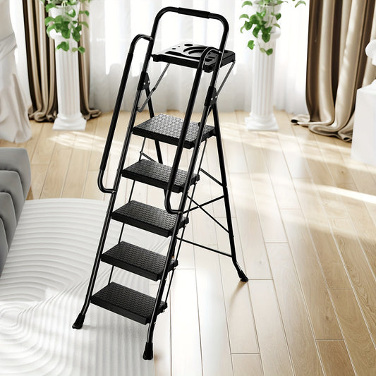 TOOLF Sturdy Steel 5 Step Ladder - Folding, Anti-Slip, Portable | Safe-Lock Design, 800lbs Load Capacity for Multi-Purpose Home Use