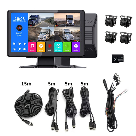 1pc 10.1" Touch Screen LCD Monitor with 4 Wired 1080P Cameras, 64GB DVR Recorder, 12V-36V ACC Power Supply, 4-Point Surveillance Display for Truck RV Trailer Semi Box Truck and Bus