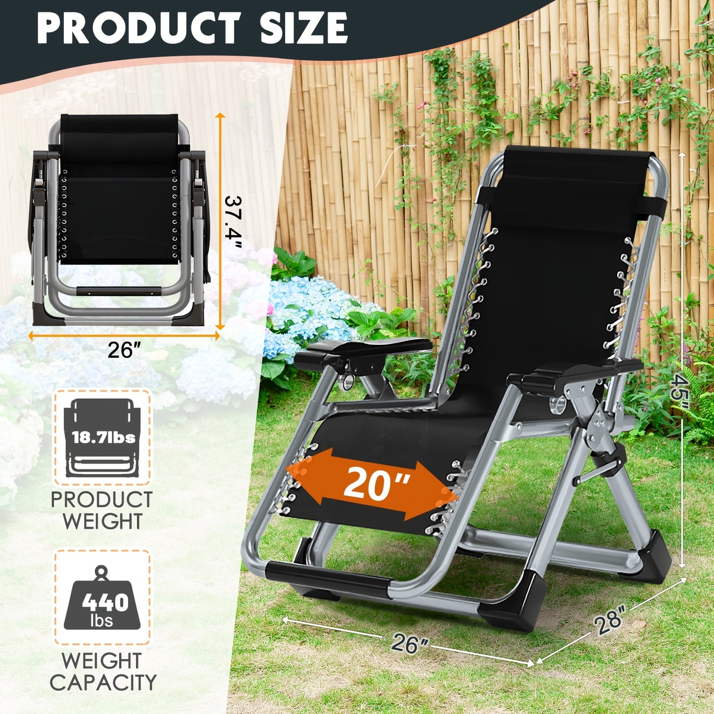 [Up to 440lbs Zero Gravity Chair] MOPHOTO Zero Gravity Outdoor Lounge Chair with Side Table - Padded, Sturdy & Comfortable Recliner, Supports Up to 440lbs