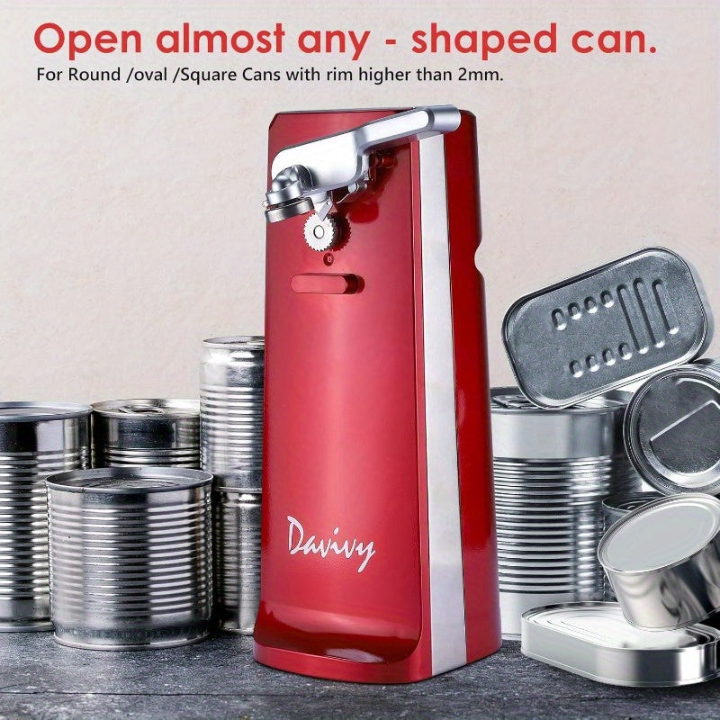 Electric Can Opener with One Touch Lid Opening Removable Stainless Steel Cutter and Three in One Design with Knife Sharpener and Bottle Opener Red