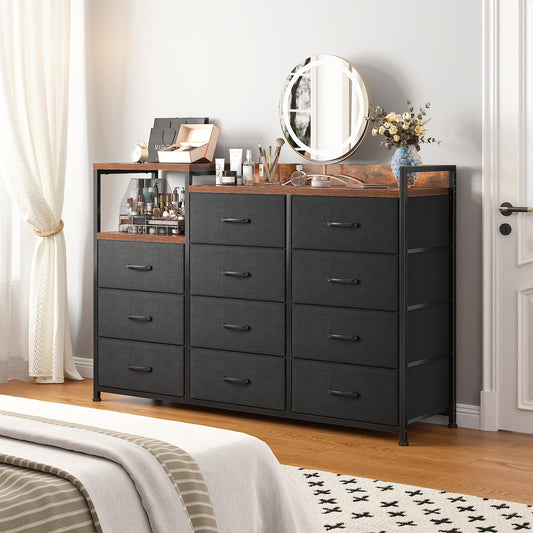 Modern Black Dresser - 11 Drawers, Metal Frame & Wood Top | Stylish Bedroom Storage with Shelves for Makeup Vanity or TV Stand