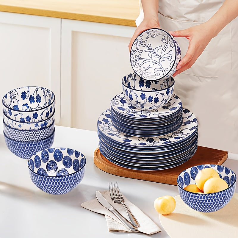 12 or 24 Pieces Ceramic Dinnerware Set Blue and White Porcelain Plates and Bowls Dishwasher Microwave and Oven Safe Scratch Resistant Healthy Tableware for Restaurant and Home Kitchen Elegant Gift for Valentines and Weddings