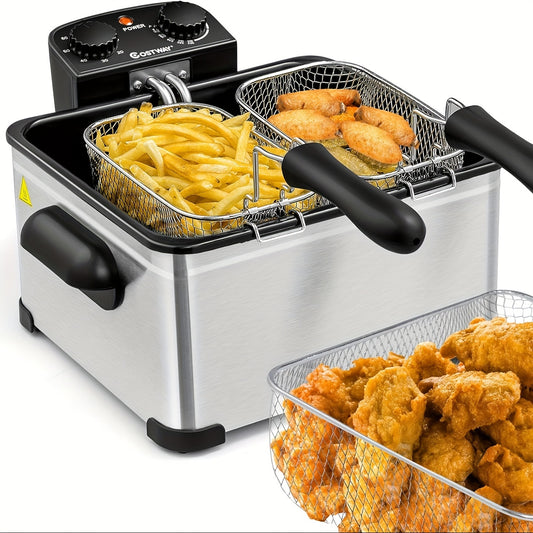 5.3Qt Stainless Steel LIFEZEAL Deep Fryer With Basket, Adjustable Temperature, Timer, Lid With View Window, Professional Style For Home Use