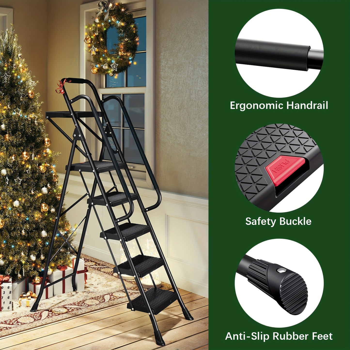 TOOLF Sturdy Steel 5 Step Ladder - Folding, Anti-Slip, Portable | Safe-Lock Design, 800lbs Load Capacity for Multi-Purpose Home Use