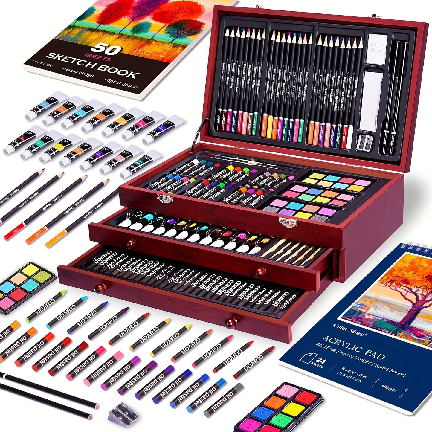 175pcs Deluxe Art Set With 2 Drawing Pads, Crayons, Acrylic Paints, Colored Pencils Set In Wooden Case, Professional Art Kit For Adults, Artist And Teen, Paint Supplies, Gift, Father'S Day Gift
