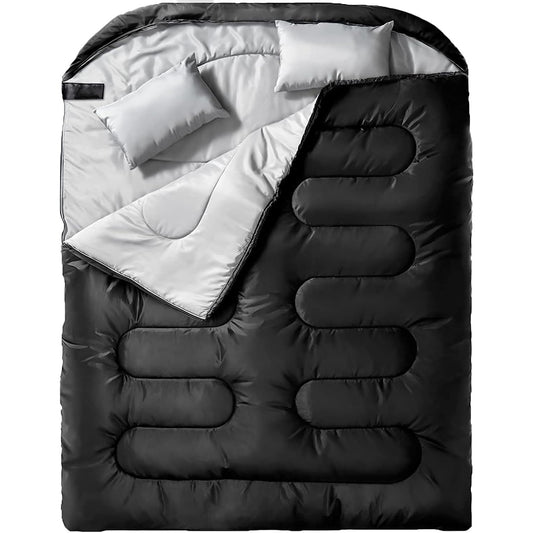XL Queen Size Double Sleeping Bag with Pillow All Season Warmth for Two Black and White Design Perfect for Camping Hiking and Backpacking