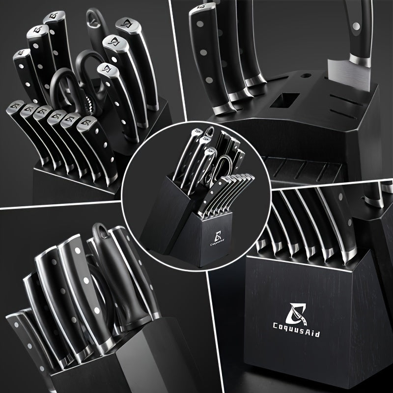 15 Piece Kitchen Knife Block Set with 15 Degree Beveled Easy Insert and Sharpener German Stainless Steel Black Countertop-Free Steak Knives