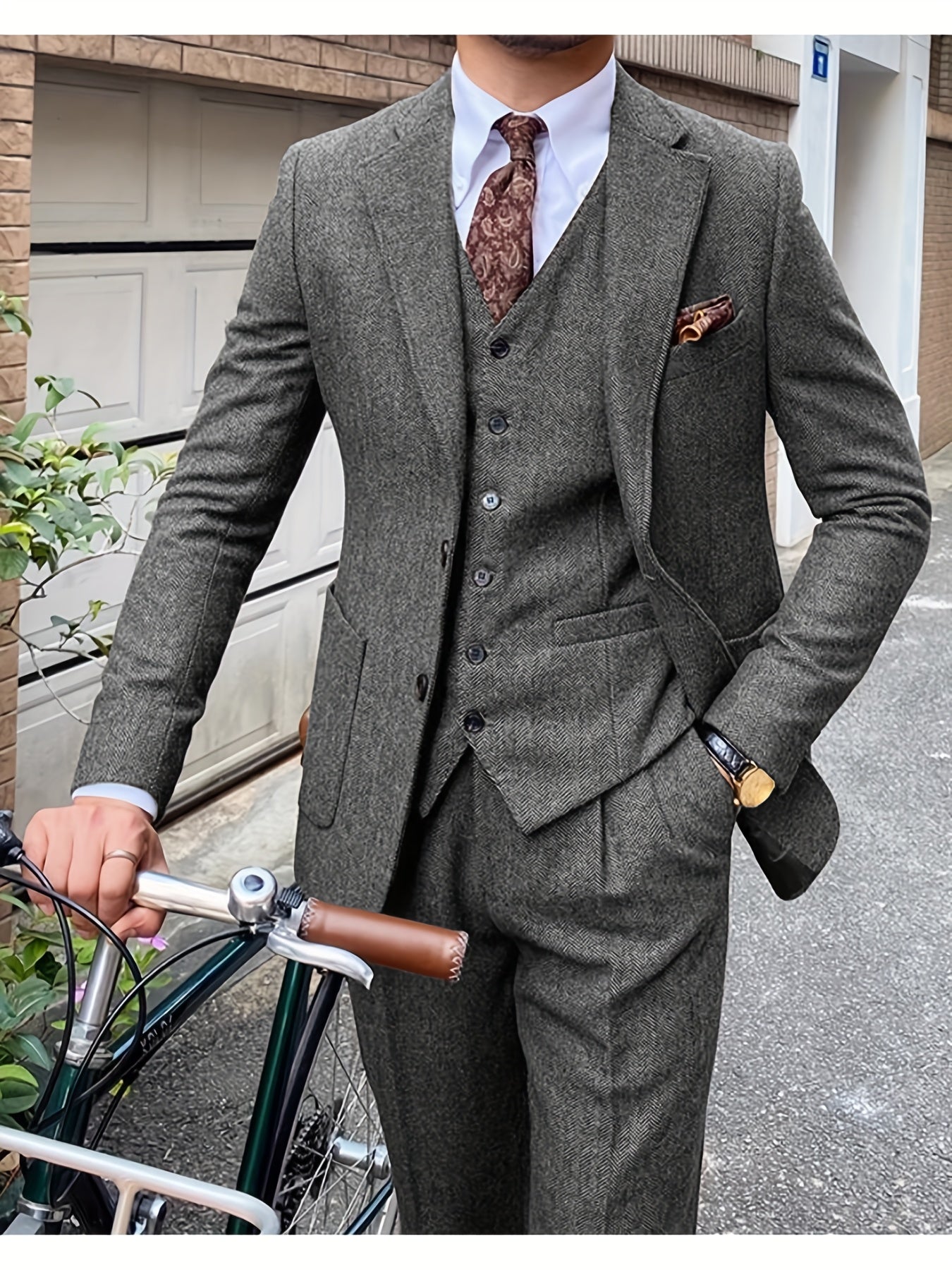 Men's 3 Piece Tweed Suit Wool Blend Herringbone Formal Wedding Party Event Vintage Western Casual Business Workwear Suit